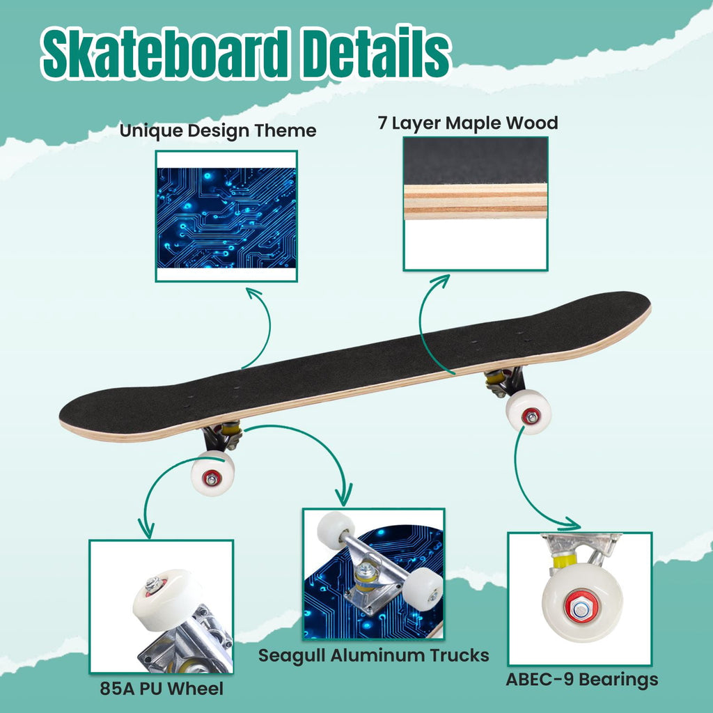 Futuristic Blue Abstract Technology Glowing Core 31" x 8" Complete Skateboard, 7-Ply Canadian Maple Double Kick Trick Board for Kids and Beginners Adult Gifts