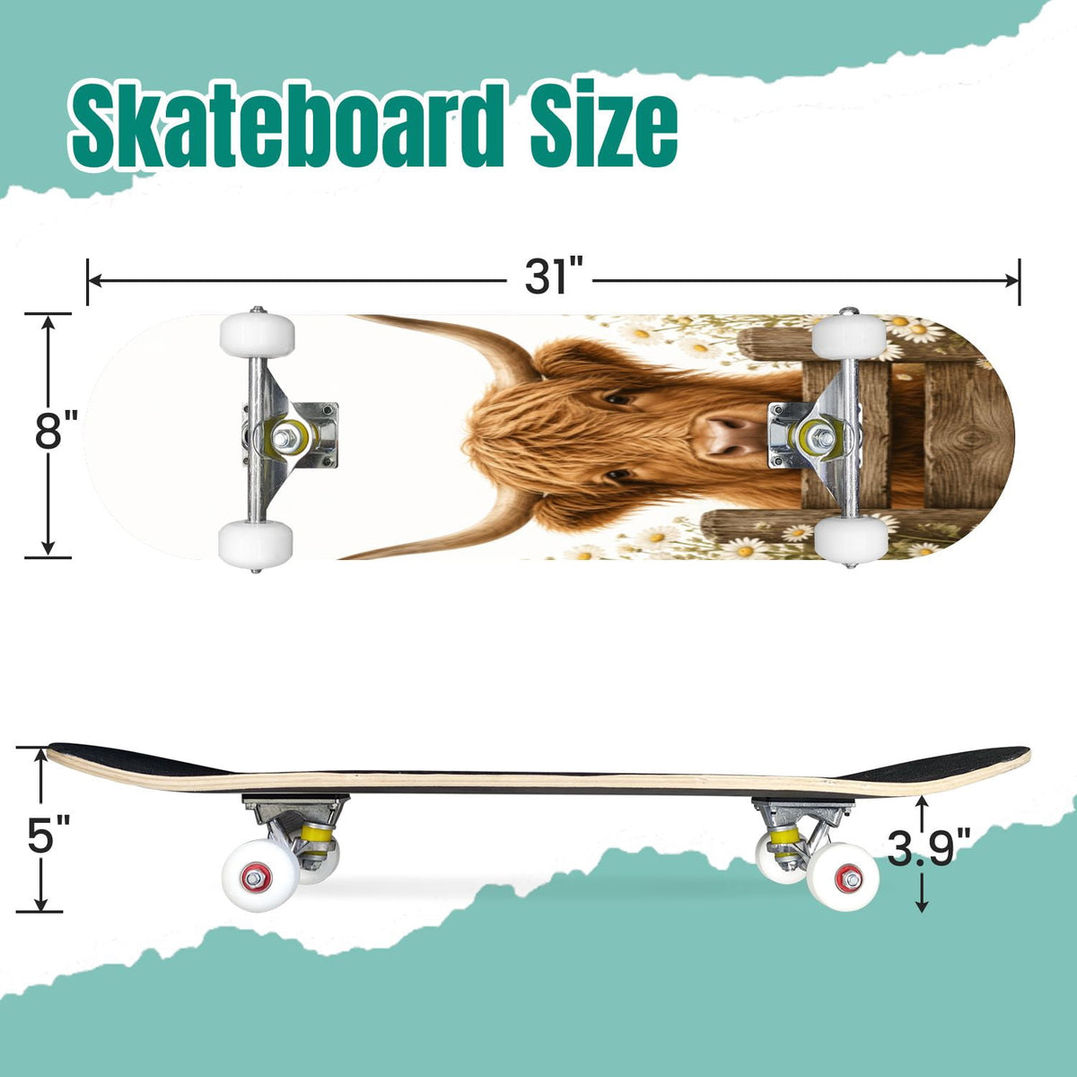 Forest Tree Wood Green Pine Trees Autumn Leaves Fog Misty 31" x 8" Complete Skateboard, 7-Ply Canadian Maple Double Kick Trick Board for Kids and Beginners Adult Gifts