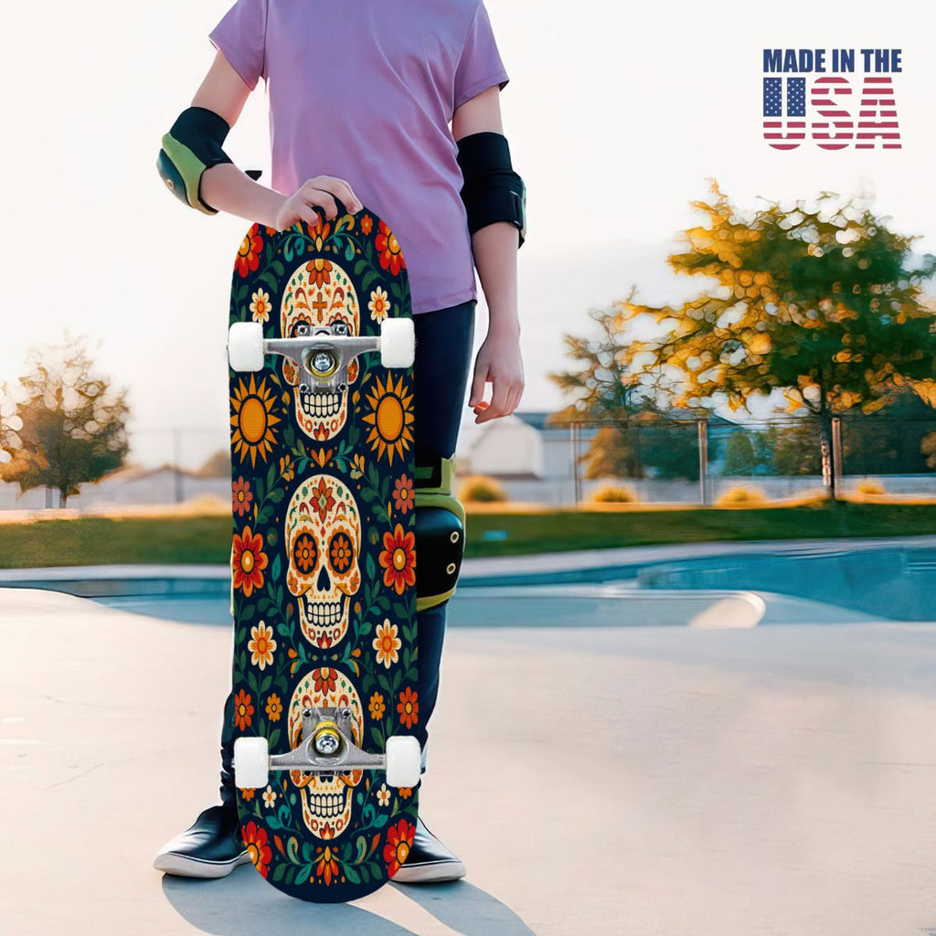 31"x8" Complete Skateboards for Beginners, Colorful Sugar Skull Vibrant Floral Day of the Dead Double Kick 7 Ply Canadian Maple Deck Skateboard with Wheels, Gifts for Kids Teens