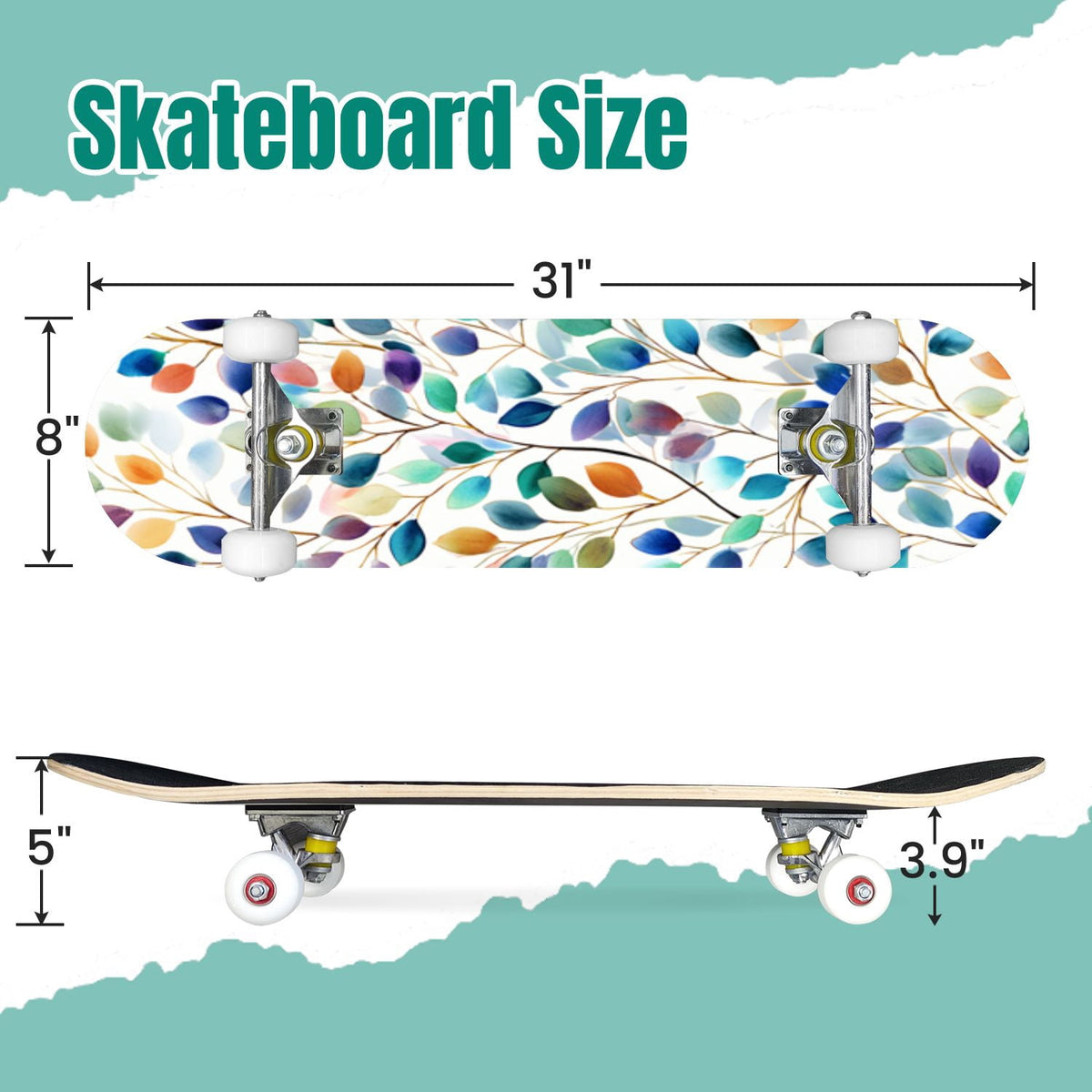 Botanical Embroidery Golden Green Leaves Black 31" x 8" Complete Skateboard, 7-Ply Canadian Maple Double Kick Trick Board for Kids and Beginners Adult Gifts