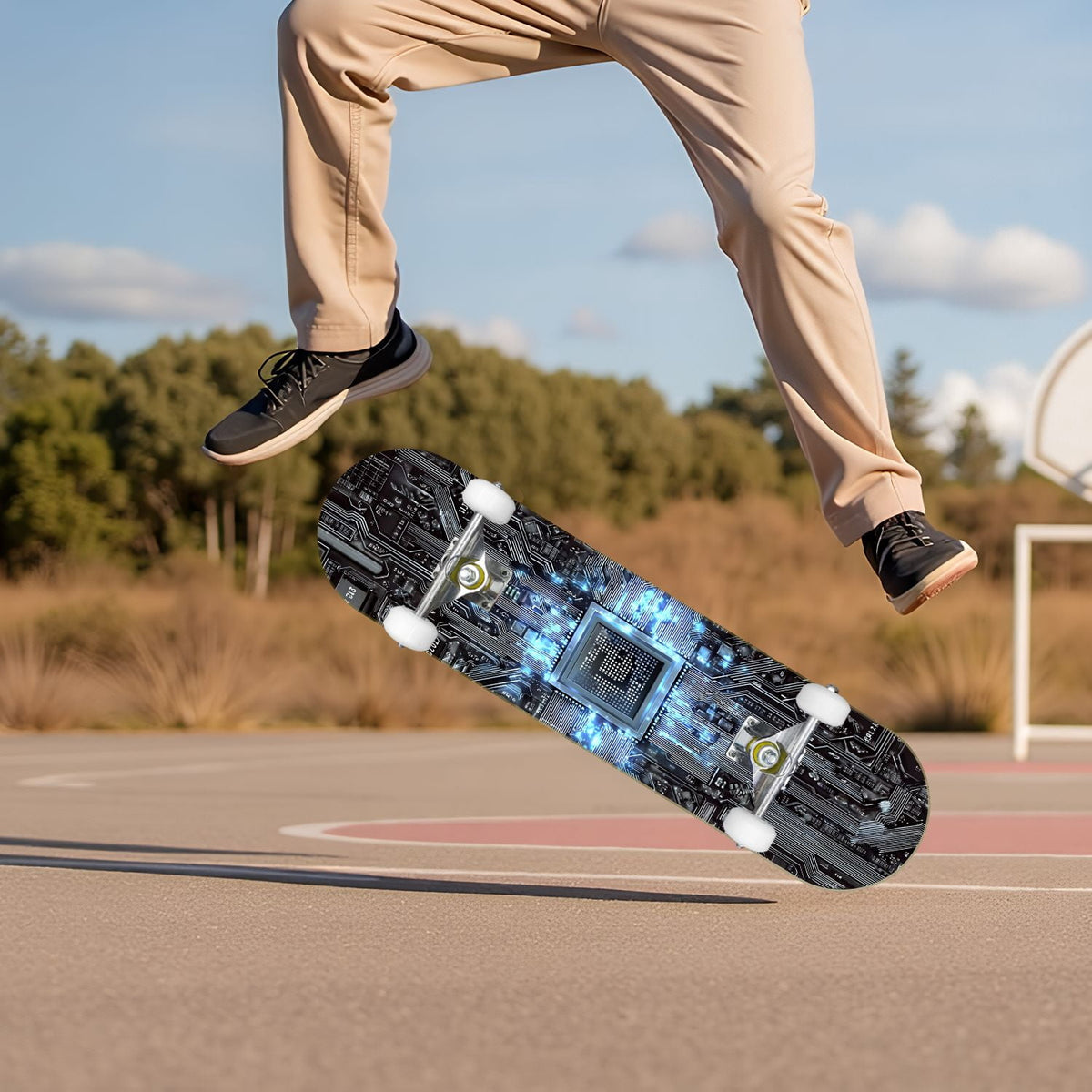 Futuristic Blue Abstract Technology Glowing Core 31" x 8" Complete Skateboard, 7-Ply Canadian Maple Double Kick Trick Board for Kids and Beginners Adult Gifts