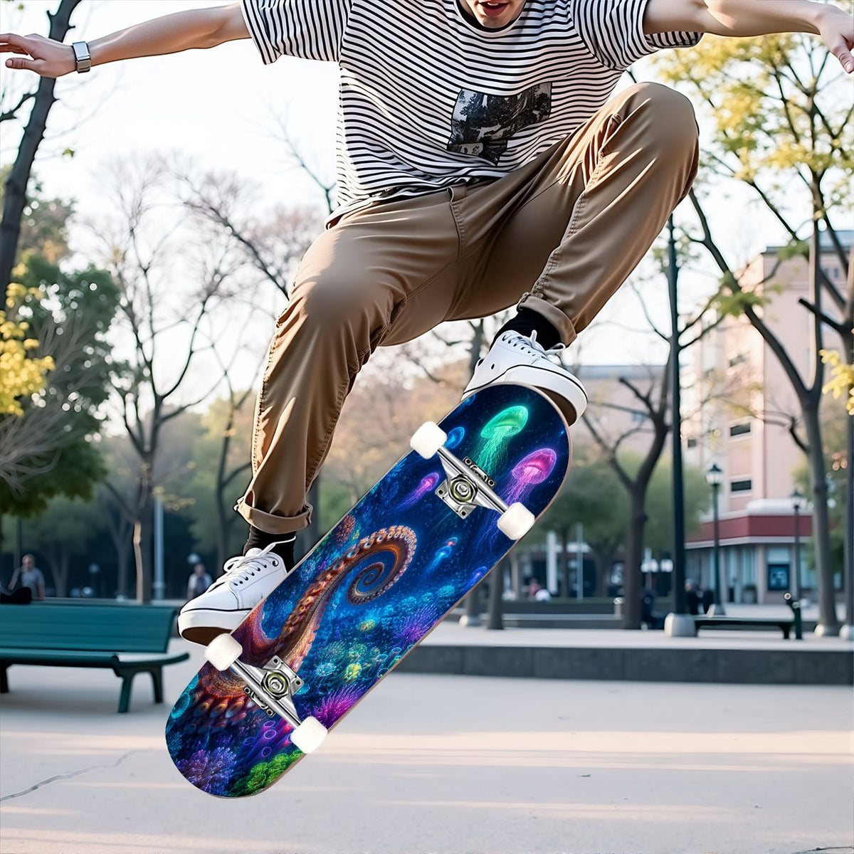 31"x8" Complete Skateboards for Beginners, Colorful Turtle Floral Shell Starry Night Marine Life Double Kick 7 Ply Canadian Maple Deck Skateboard with Wheels, Gifts for Kids Teens