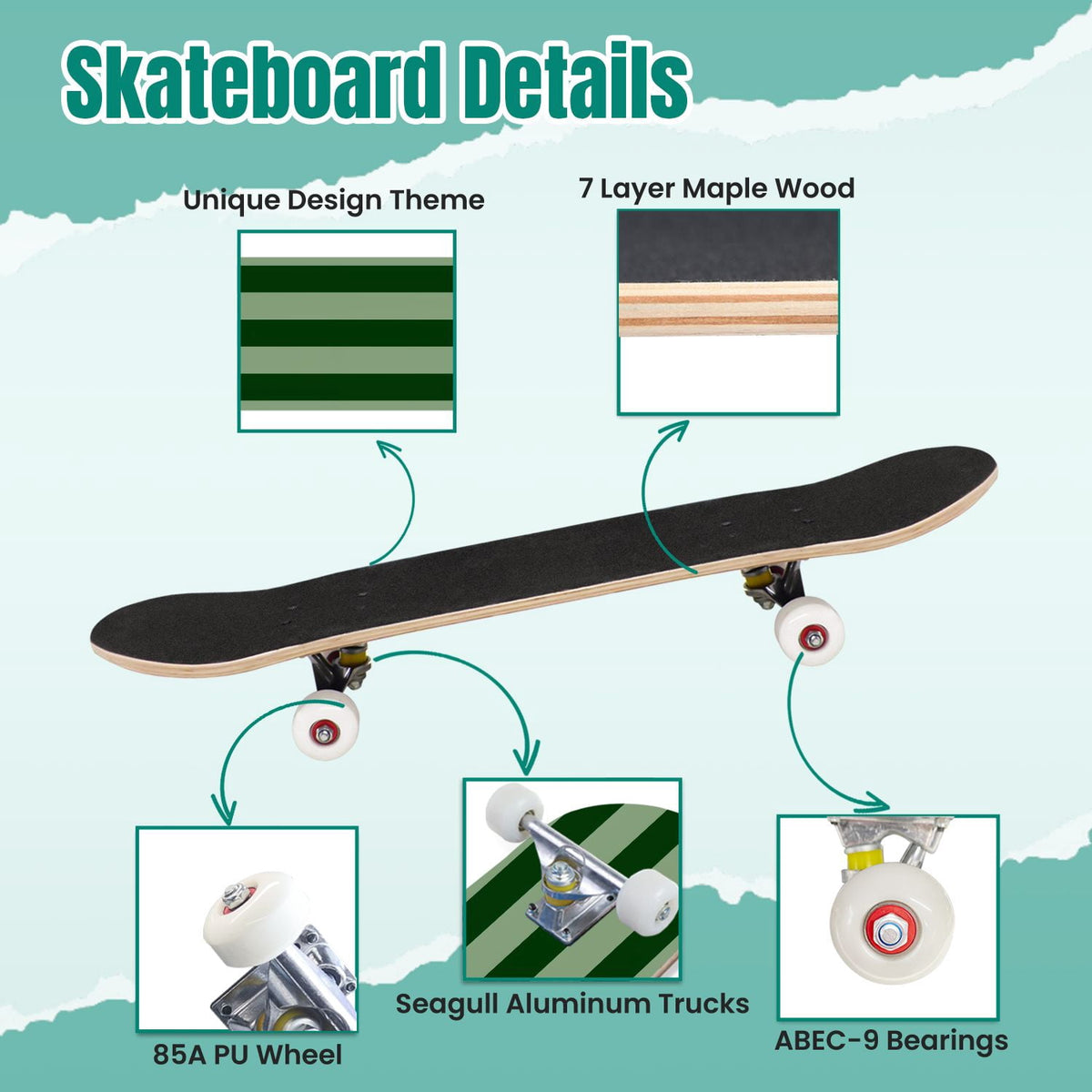 Yellow White Vertical Striped Soft Gradient Lines Minimalist Design 31" x 8" Complete Skateboard, 7-Ply Canadian Maple Double Kick Trick Board for Kids and Beginners Adult Gifts