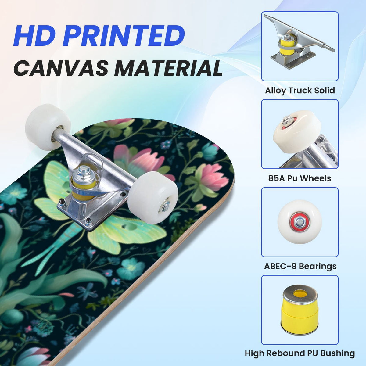 31"x8" Complete Skateboards for Beginners,Whimsical Moths Flowers Pastel Colors Stars Moon Mystical Double Kick 7 Ply Canadian Maple Deck Skateboard with Wheels, Gifts for Kids Teens