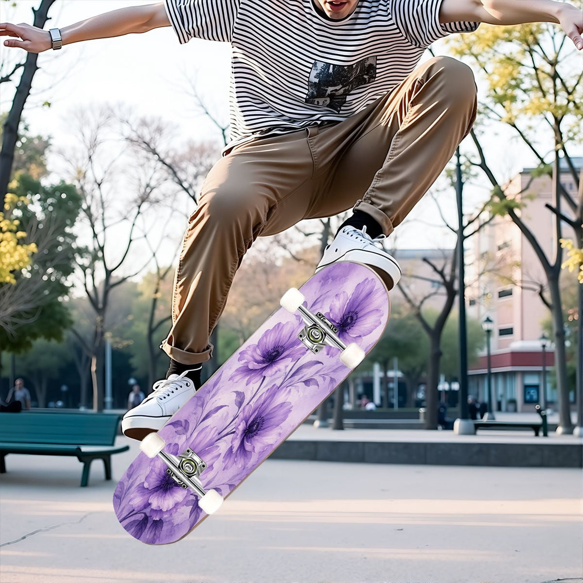 31"x8" Complete Skateboards for Beginners, Colorful Mushroom Floral Magical Night Forest Vintage Double Kick 7 Ply Canadian Maple Deck Skateboard with Wheels, Gifts for Kids Teens