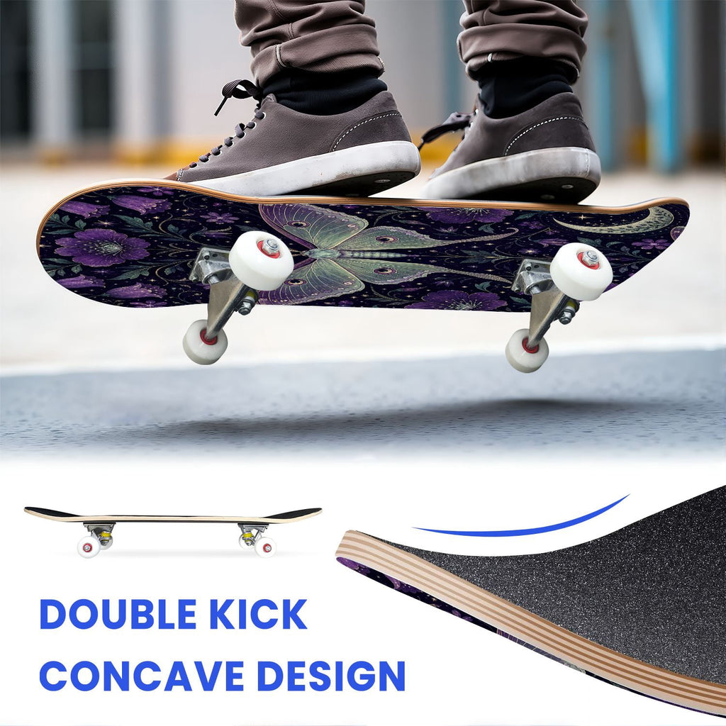 31"x8" Complete Skateboards for Beginners, Butterfly Garden Vintage Botanical Motifs Dark Green Teal Double Kick 7 Ply Canadian Maple Deck Skateboard with Wheels, Gifts for Kids Teens