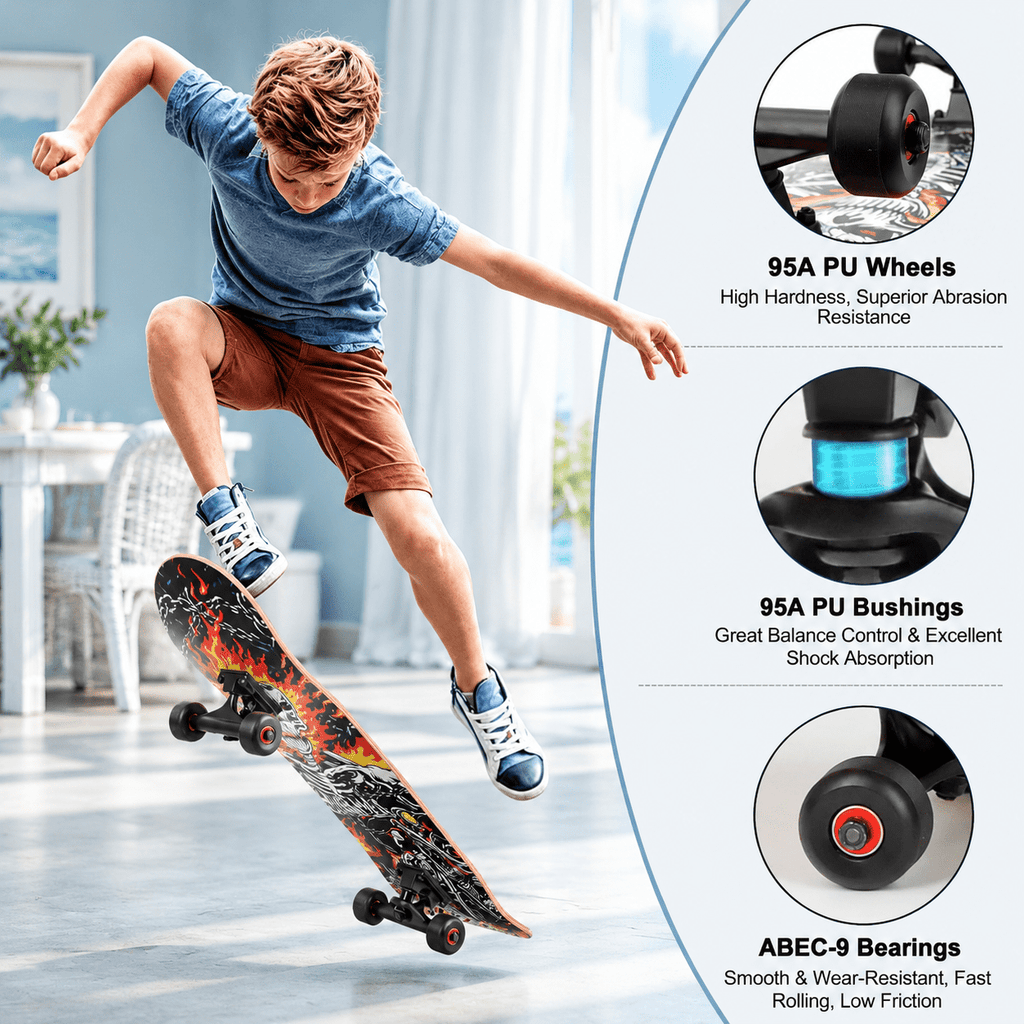 Checkerbot 31"x8" Standard Complete Skateboard with 7 Layer Canadian Maple for Beginners Adults Teens