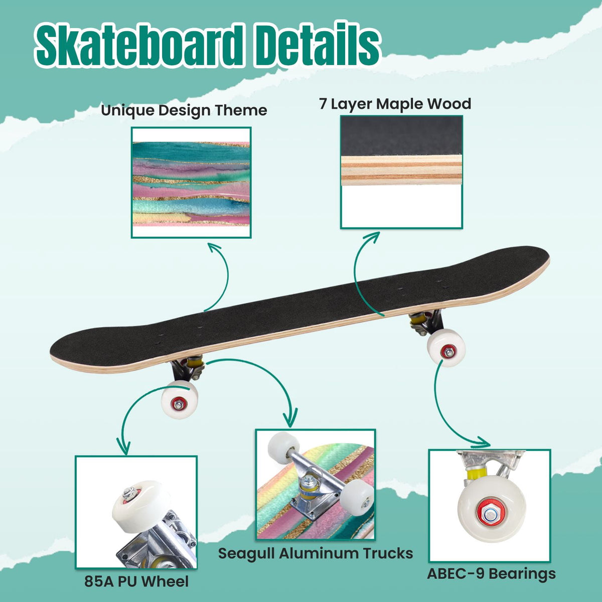 Seashells Starfish Sandy Beach Soft Lighting 31" x 8" Complete Skateboard, 7-Ply Canadian Maple Double Kick Trick Board for Kids and Beginners Adult Gifts